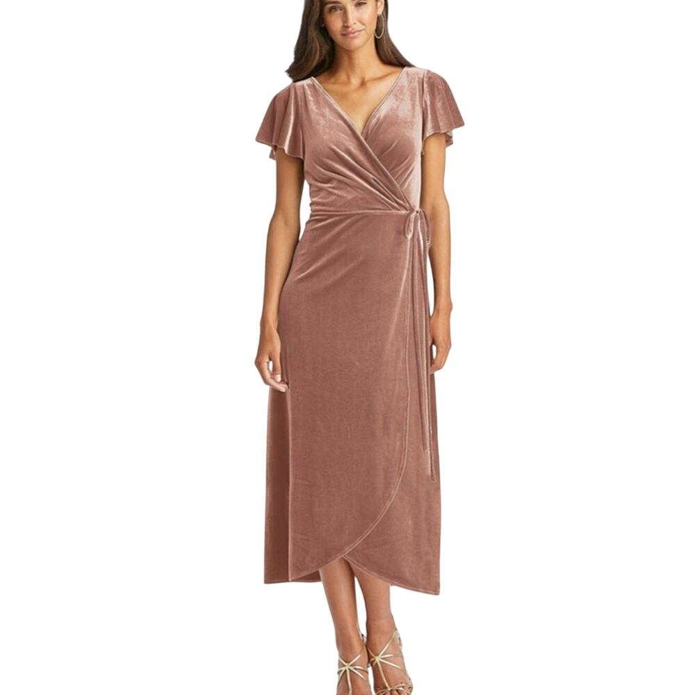 NWT Dessy After Six Flutter Sleeve‎ Velvet Wrap Midi Dress Tawny Rose Sz L
